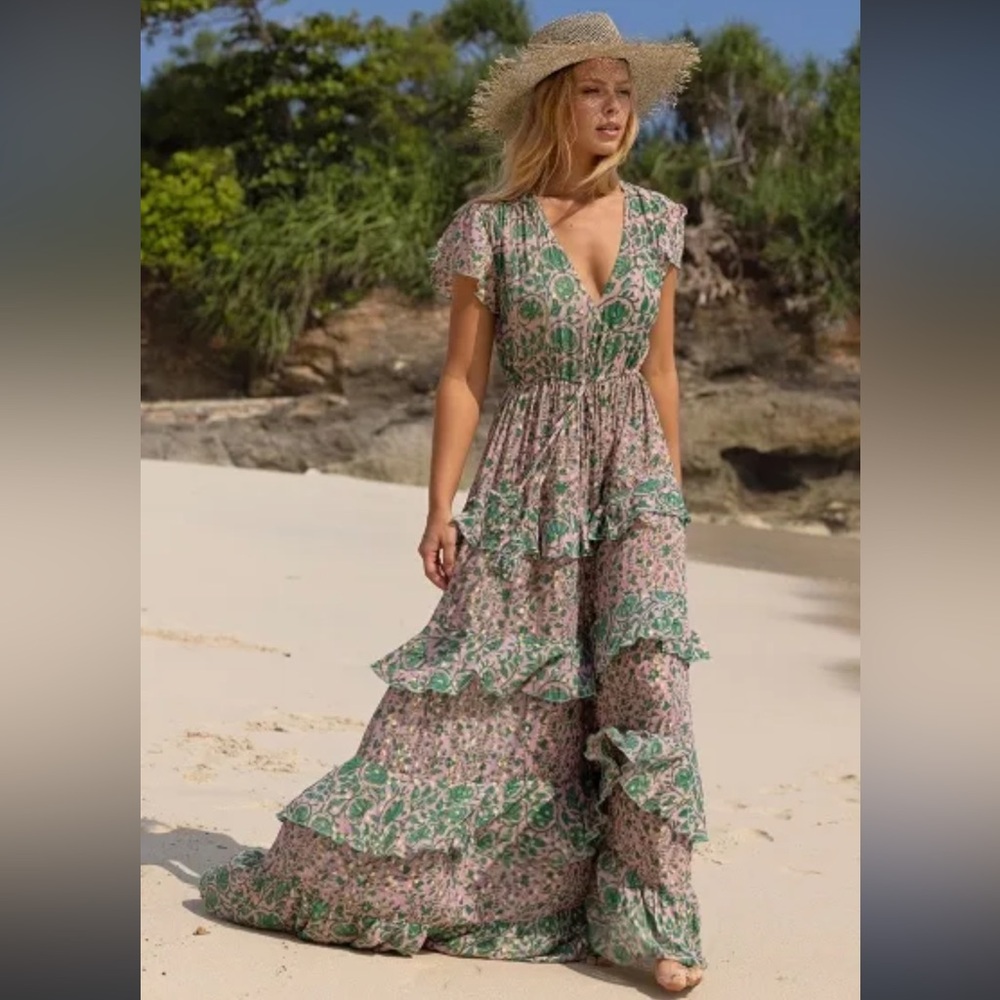 Miss June Dress - Maxi Layered Icy in Green & Pink Print NWT OS Fits S - L